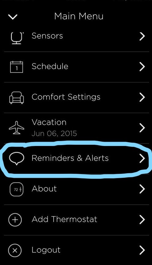 reminders & alerts on ecobee app